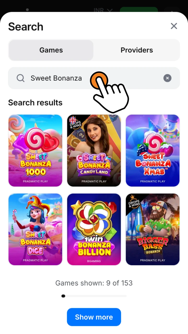 Find 1win casino section and select Sweet Bonanza game.