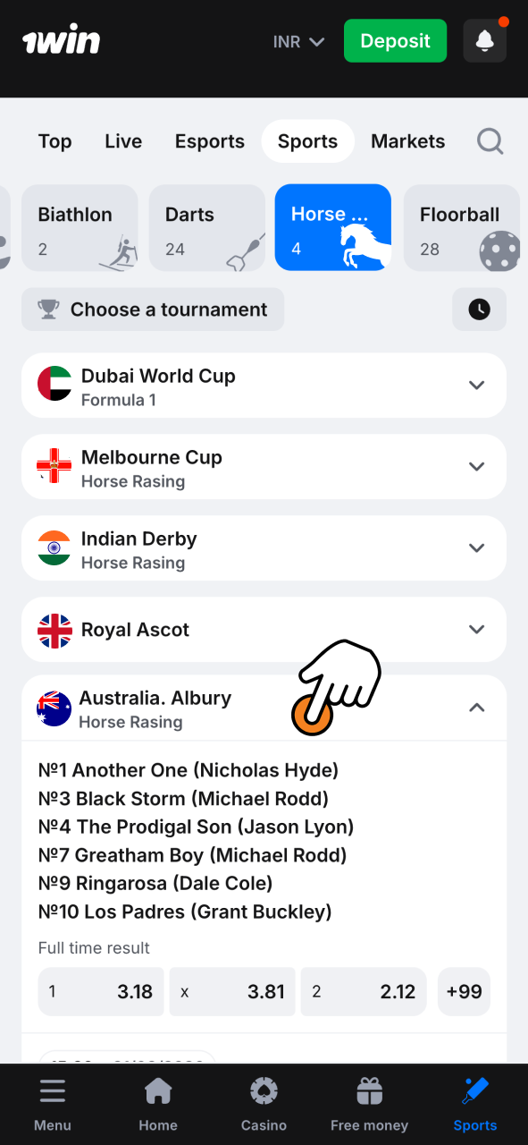 Choose 1Win and enter horse racing events instantly with organized sections and fast access.